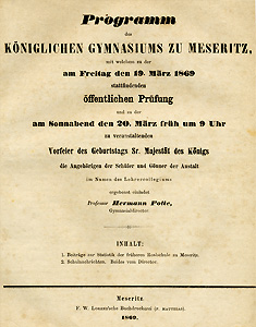 Programm des KÖNIGLICHEN GYMNASIUMS ZU MESERITZ für eine öffentliche Prüfung (1869)